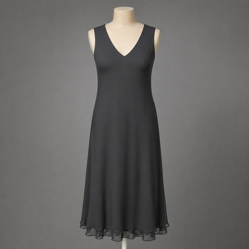 Vintage Y2K 100% Silk V Neck Midi Dress Size XL Black Minimalist Cocktail Gothic
